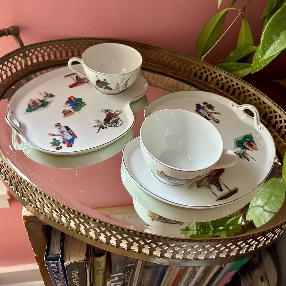 RARE 4 Piece Vintage Kutani Japan China Eggshell Ceramic Snack Plate and Cup Set